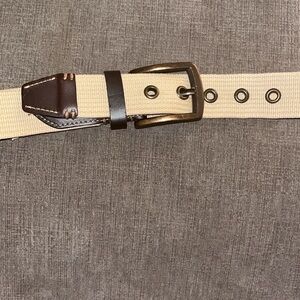 Fossil Utility Woven Cloth Belt Size  36 Men’s Beige Tan Brown Leather Accent